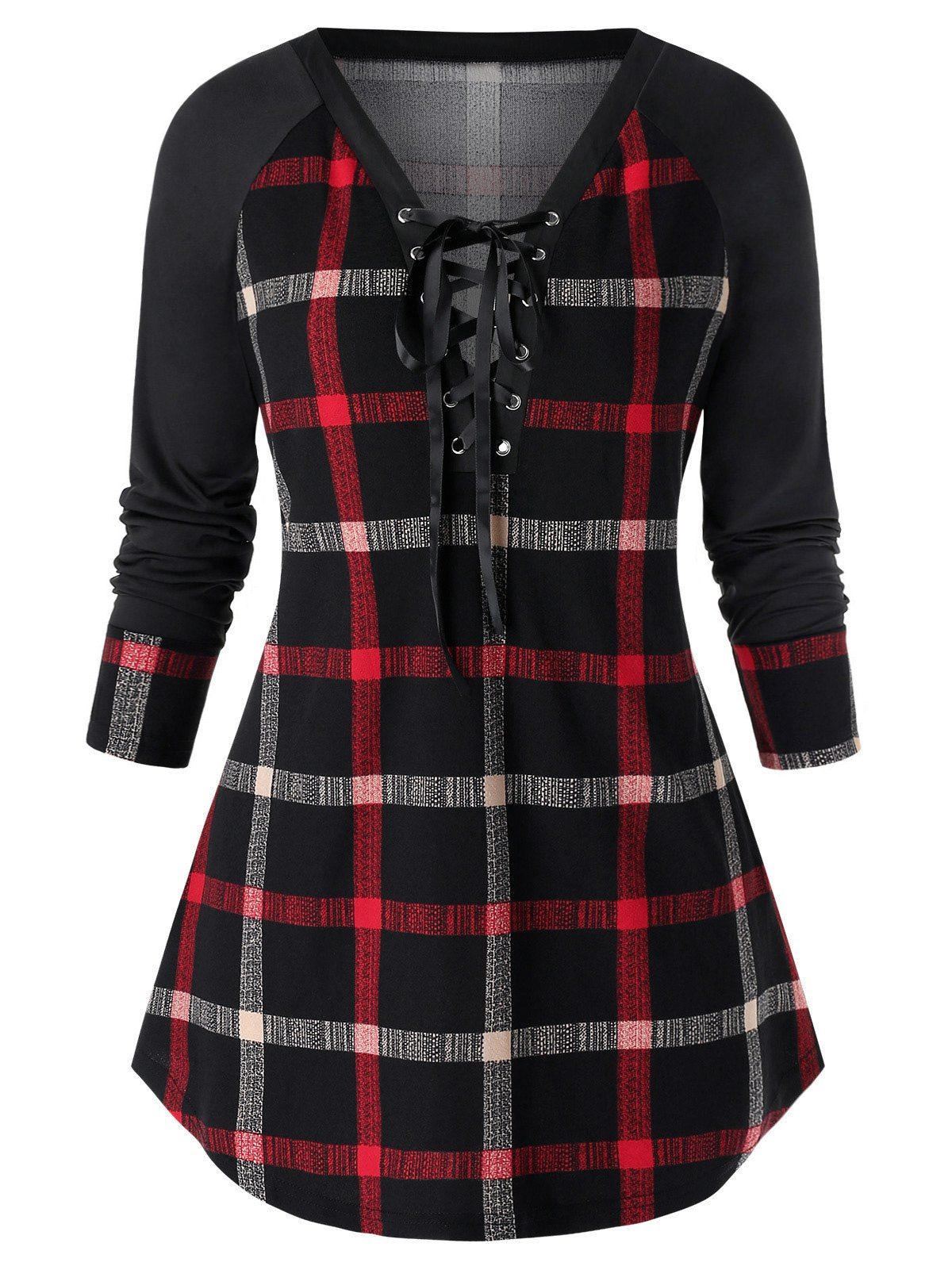 Plus Size Raglan Sleeve Checked Tunic Sweatshirt