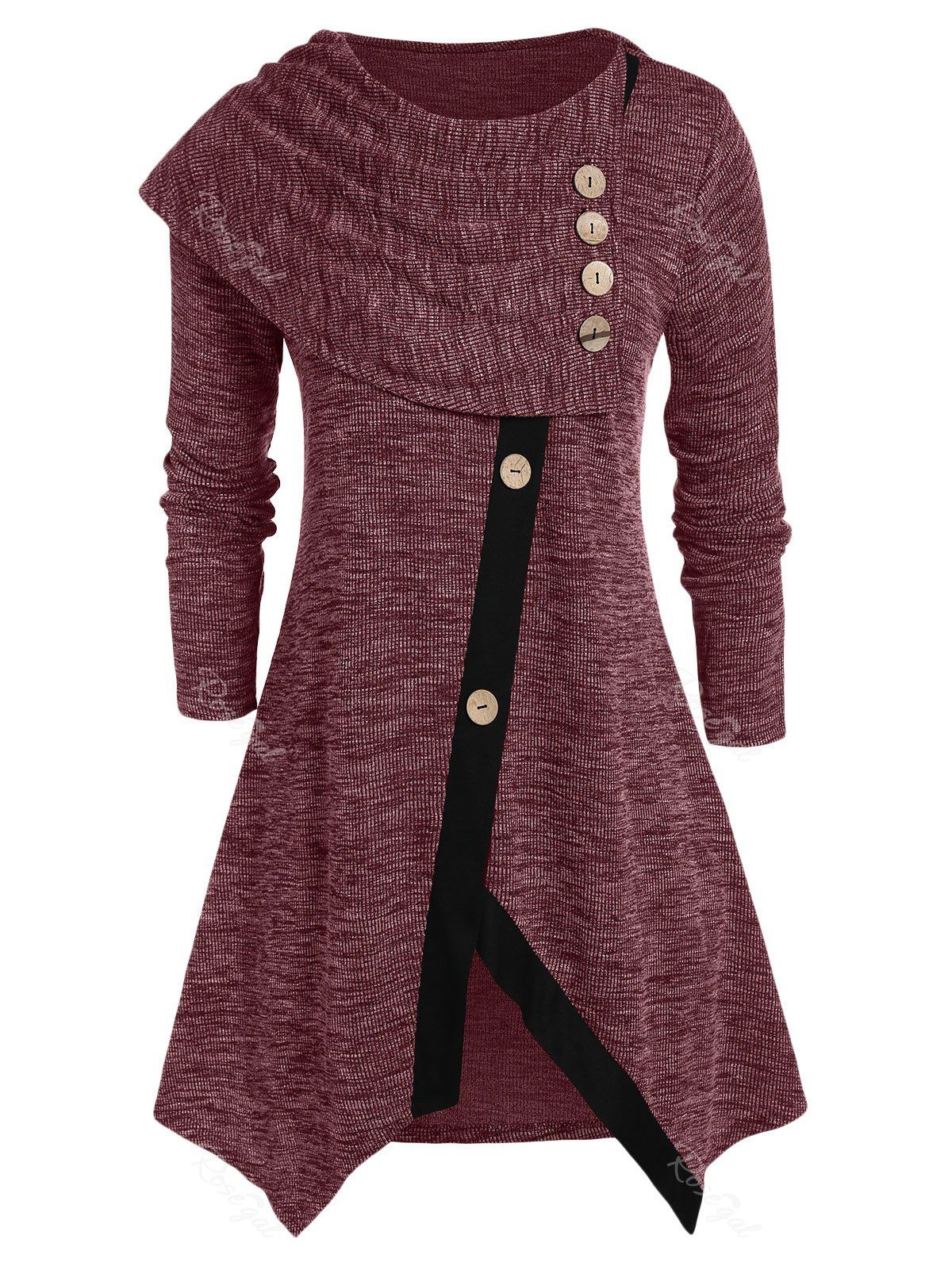 

Plus Size Marled Button Asymmetric Sweater, Red wine