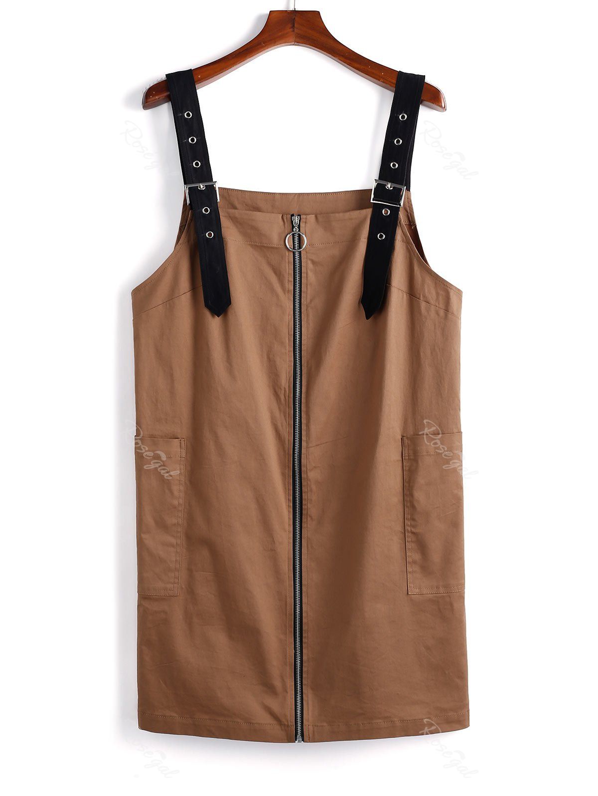 

Plus Size Metal Eyelet Zipper Wide Strap Pocket Pinafore Dress, Multi