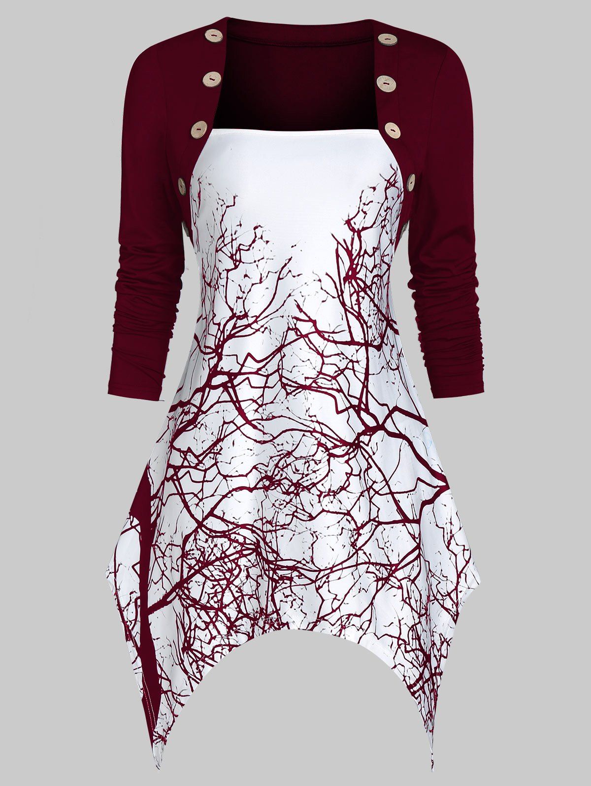 

Asymmetric Square Collar Button T Shirt, Red wine