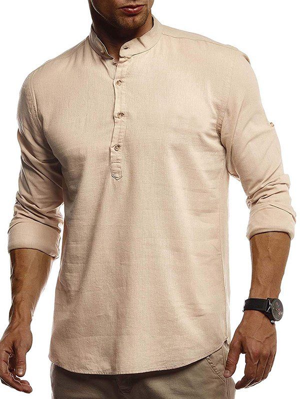 

Stand Collar Henley Linen Long Sleeve Shirt, Khaki