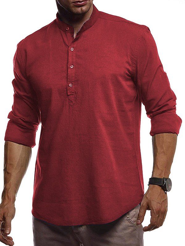 

Stand Collar Henley Linen Long Sleeve Shirt, Red wine