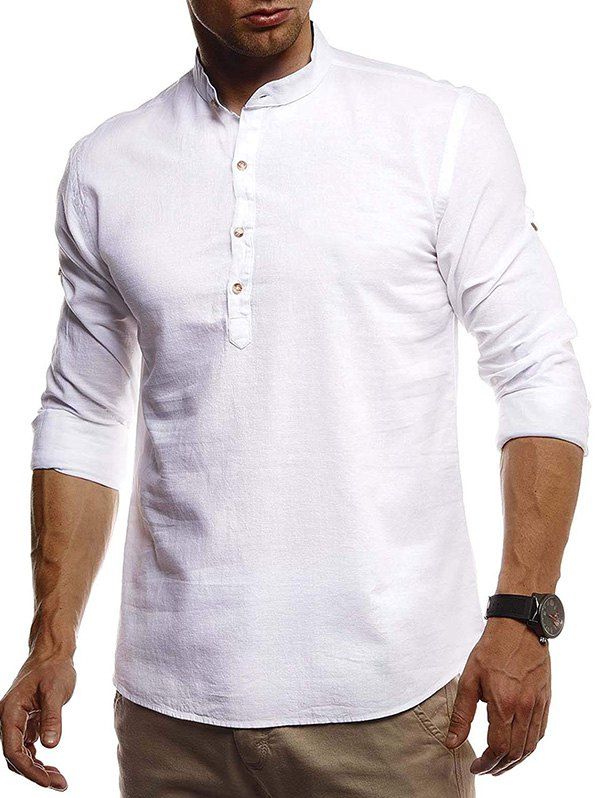 

Stand Collar Henley Linen Long Sleeve Shirt, White