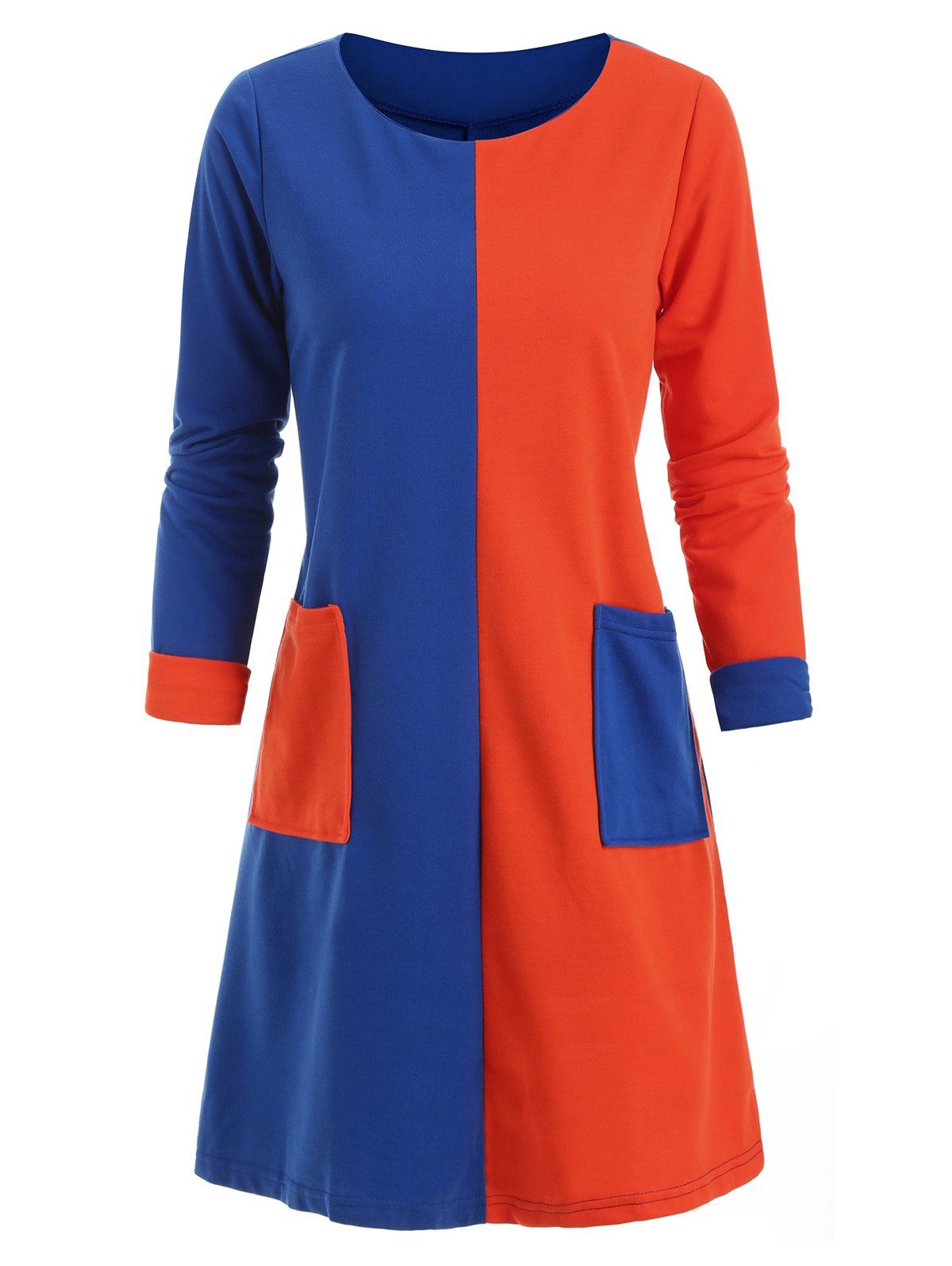 

Colorblock Pockets Long Sleeves Trapeze Dress, Orange