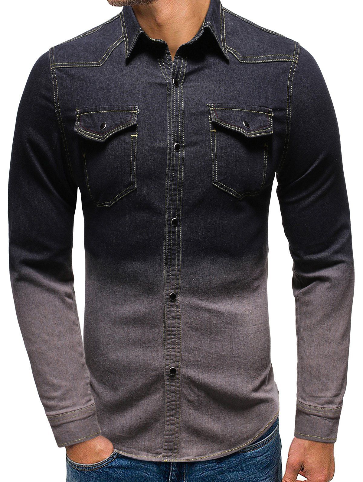 

Dip Dye Button Up Cargo Denim Shirt, Black