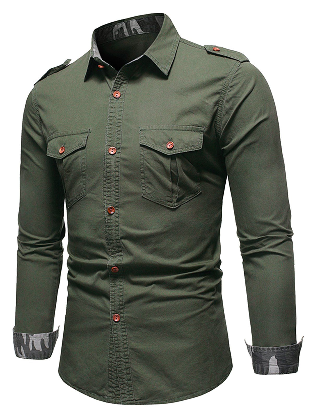 

Camo Trim Button Up Cargo Shirt, Army green
