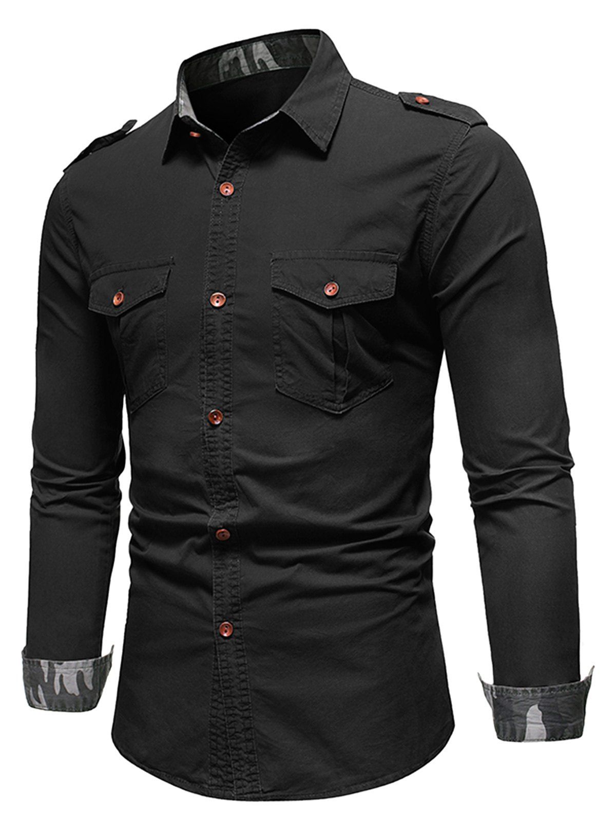

Camo Trim Button Up Cargo Shirt, Black