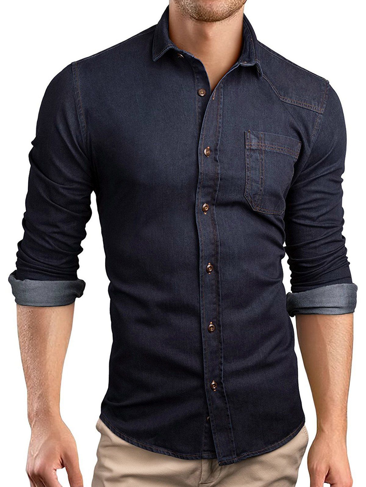 

Plain Button Up Pockets Denim Shirt, Black