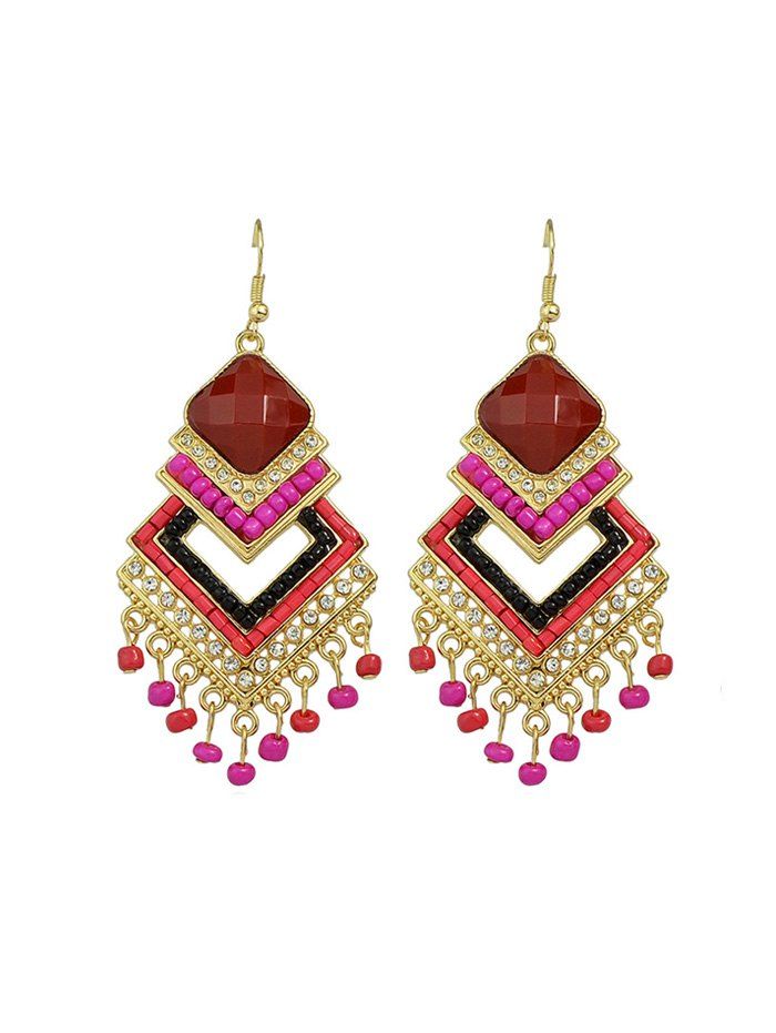

Bohemian Geometric Fringe Beads Rhinestone Earrings, Rose red