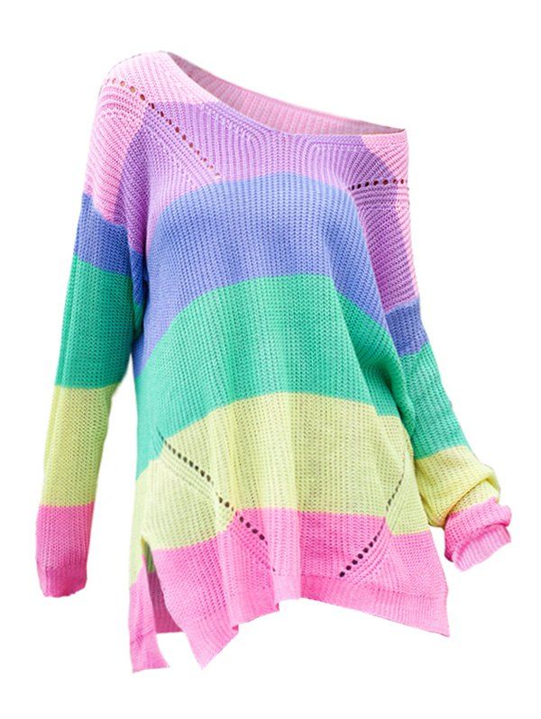 

Rainbow Colorblock Pointelle Knit Slit Oversized Sweater, Pink