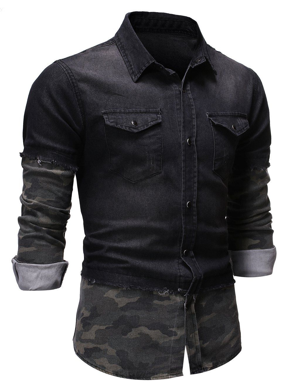 

2 in 1 Frayed Hem Button Up Denim Shirt, Black