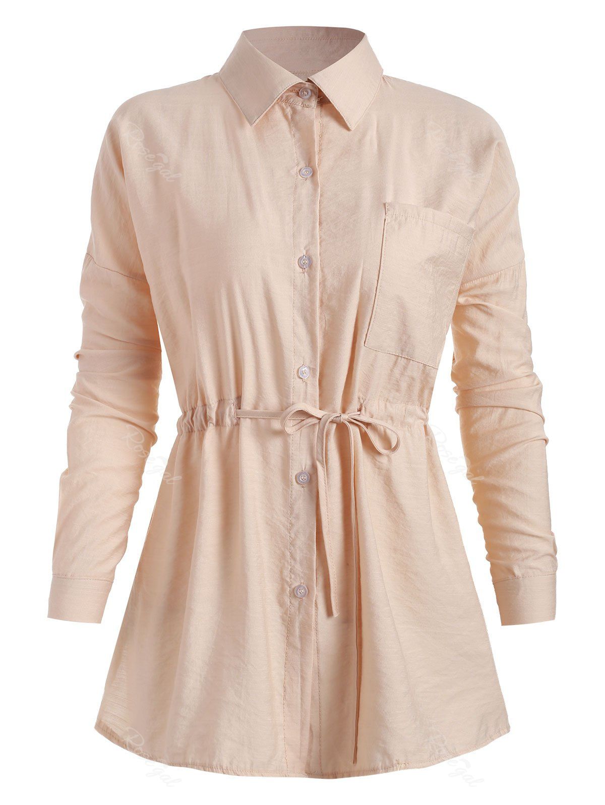 

Plus Size Drawstring Button Up Pocket Shirt, Beige