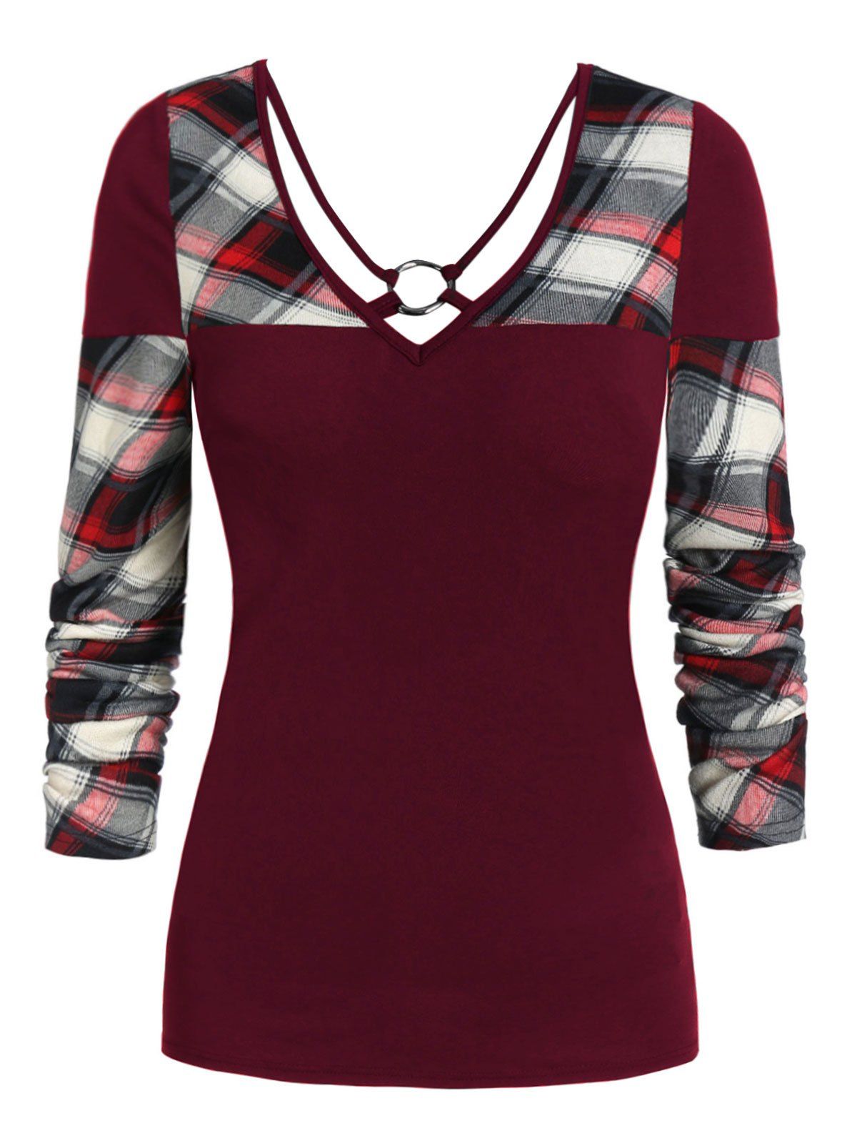 

V Neck Plaid Panel Long Sleeve T Shirt, Red wine