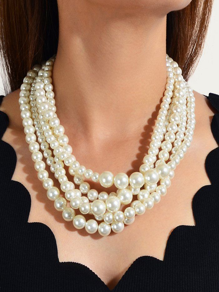 

Multilayered Faux Pearl Chunky Necklace, White