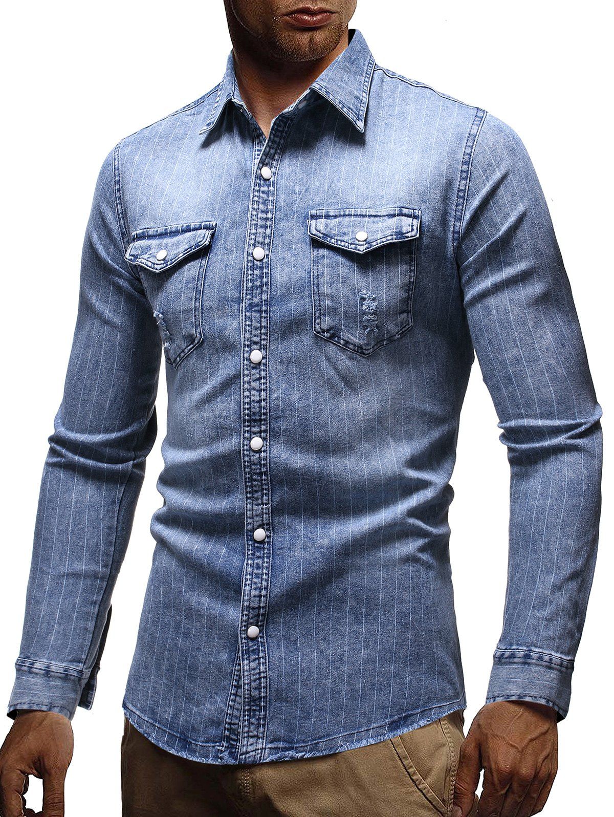 distressed denim button up shirt