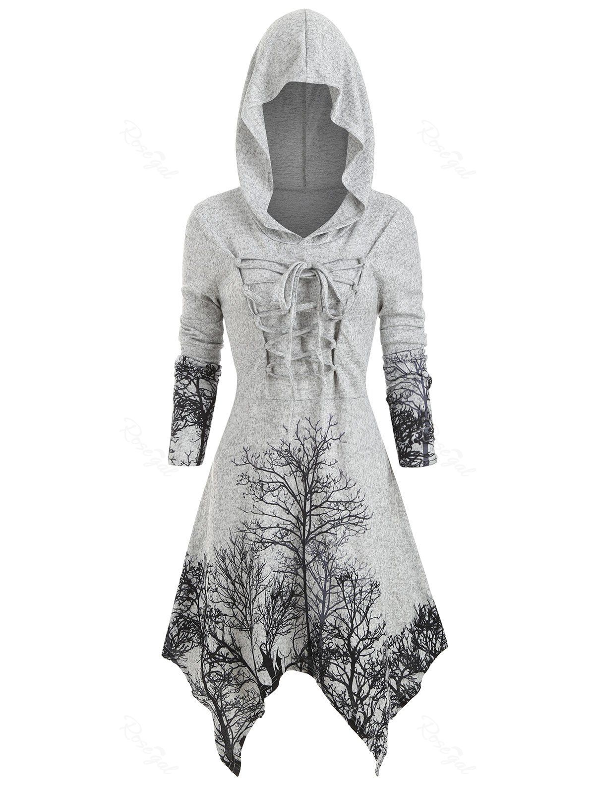 

Plus Size Halloween Lace Up Tree Print Knitted Dress, Gray cloud