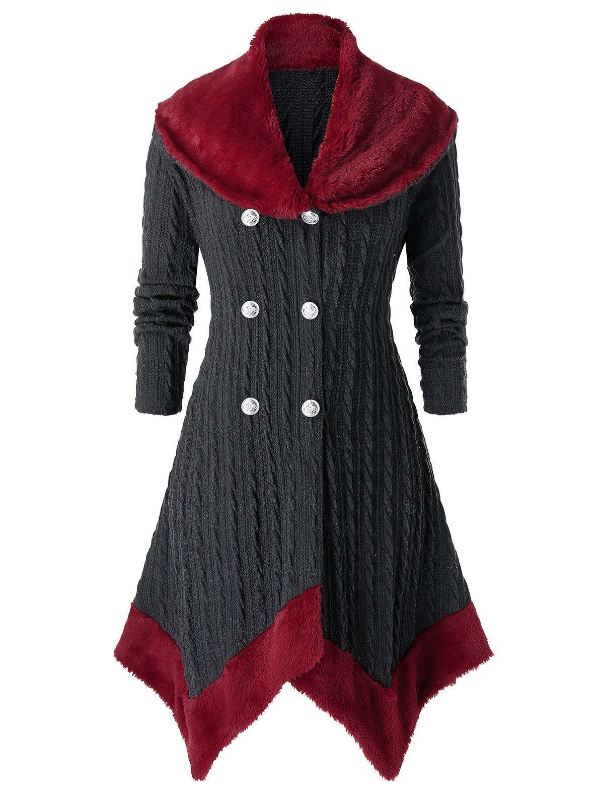 

Plus Size Handkerchief Contrast Faux Fur Cable Knit Cardigan, Dark gray