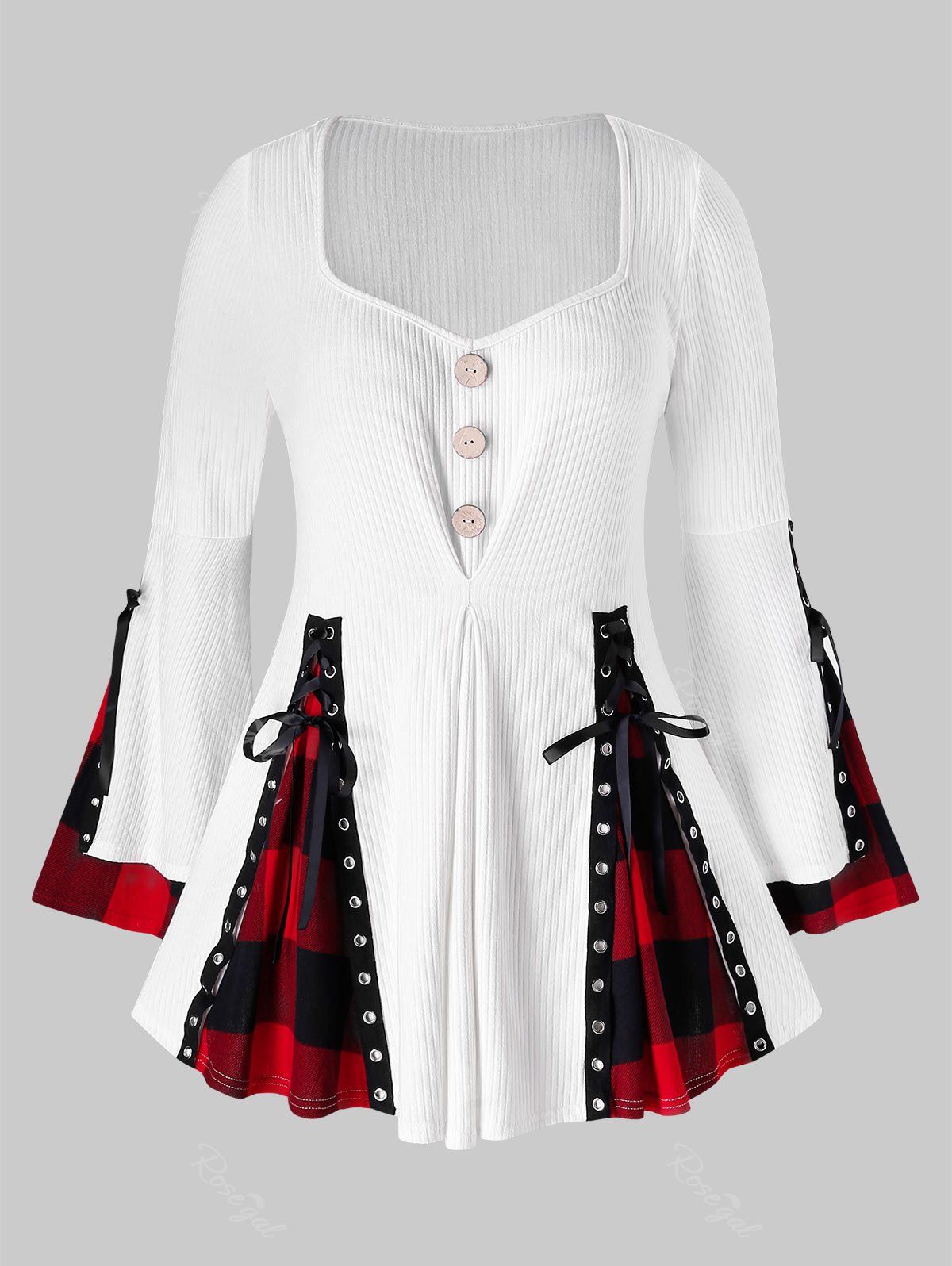 

Plus Size Lace Up Checked Tunic Sweater, Milk white