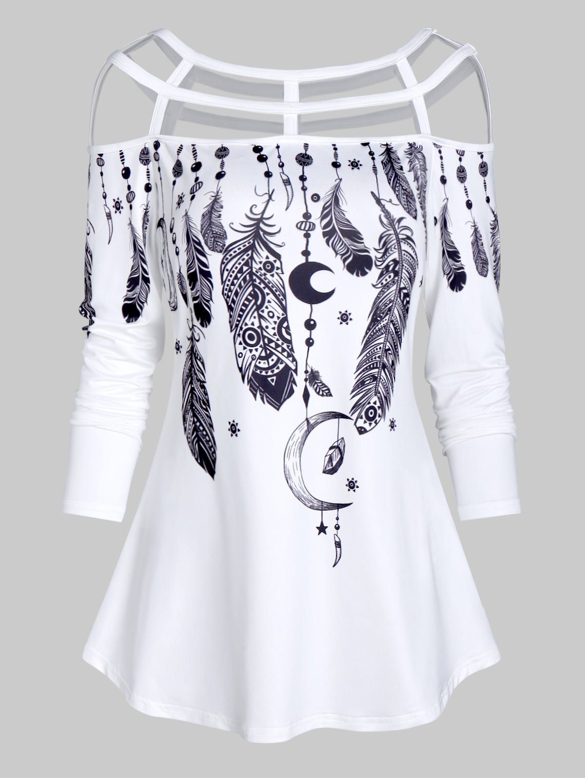 

Long Sleeve Dream Catcher Feather Print Lattice T-shirt, White