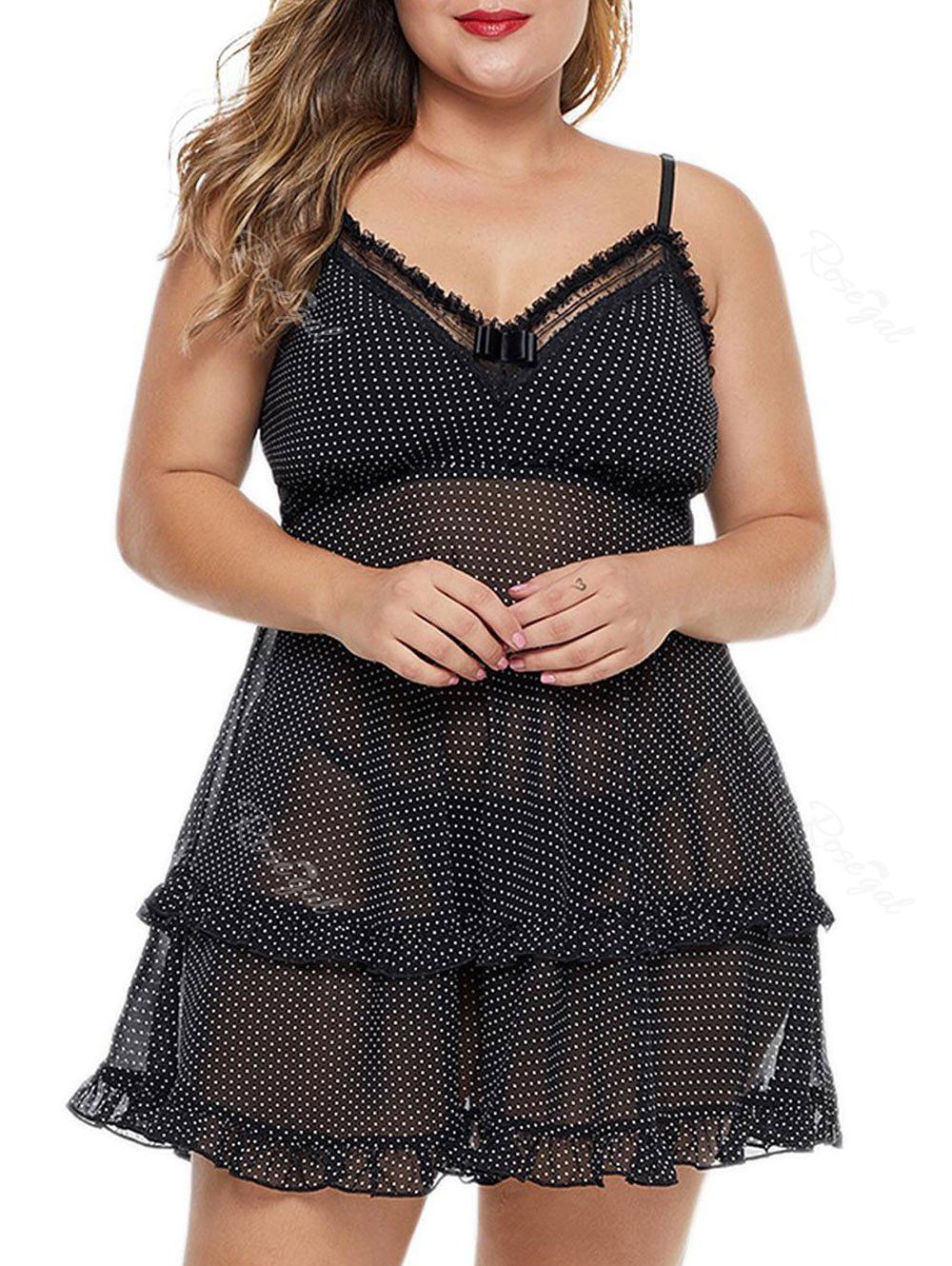

T Back Dotted Lace Trim Ruffled Hem Plus Size Babydoll, Black