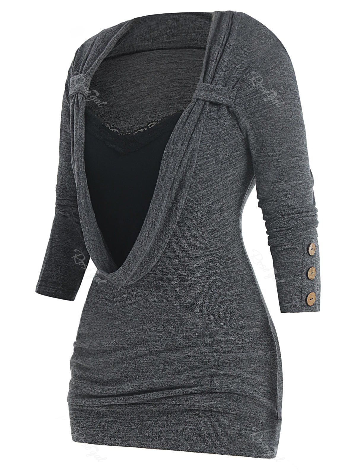 

Plus Size Button Embellished Lace Panel Heathered Faux Twinset T-shirt, Gray