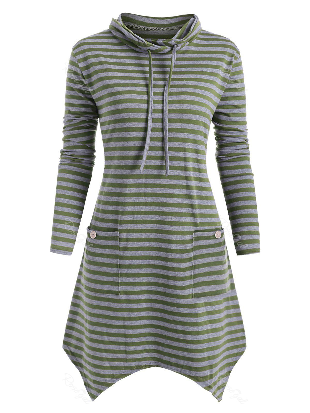 

Plus Size Cowl Neck Striped Asymmetrical Tunic Top, Sea turtle green