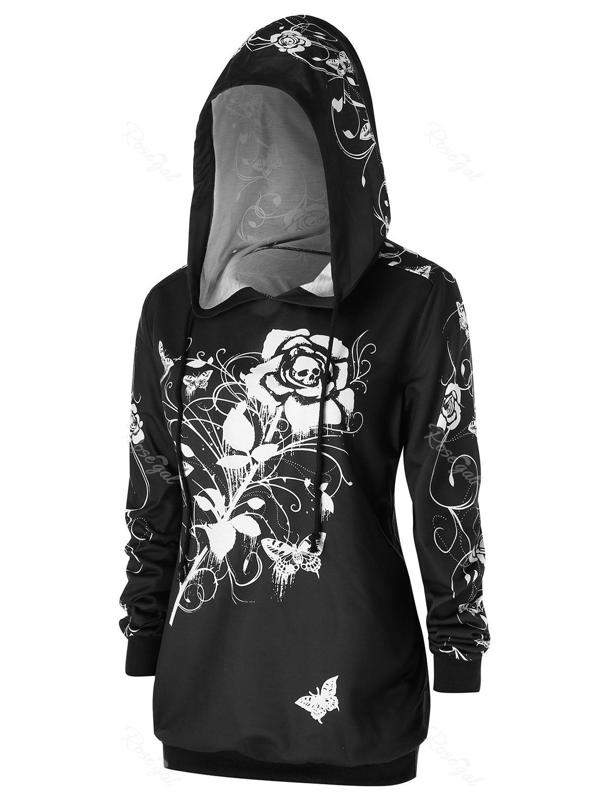 

Plus Size Halloween Rose Skull Print Gothic Hoodie, Black