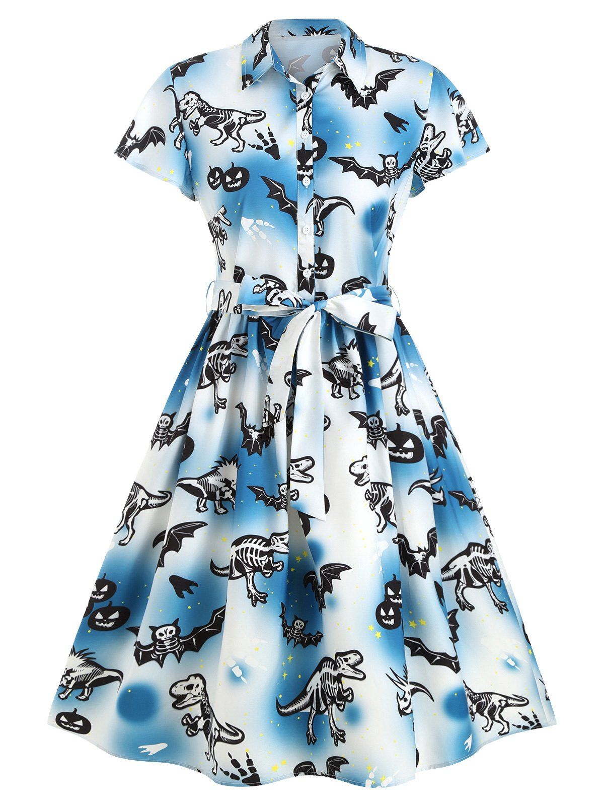 

Bat Dinosaur Skeleton Halloween Belted A Line Dress, White