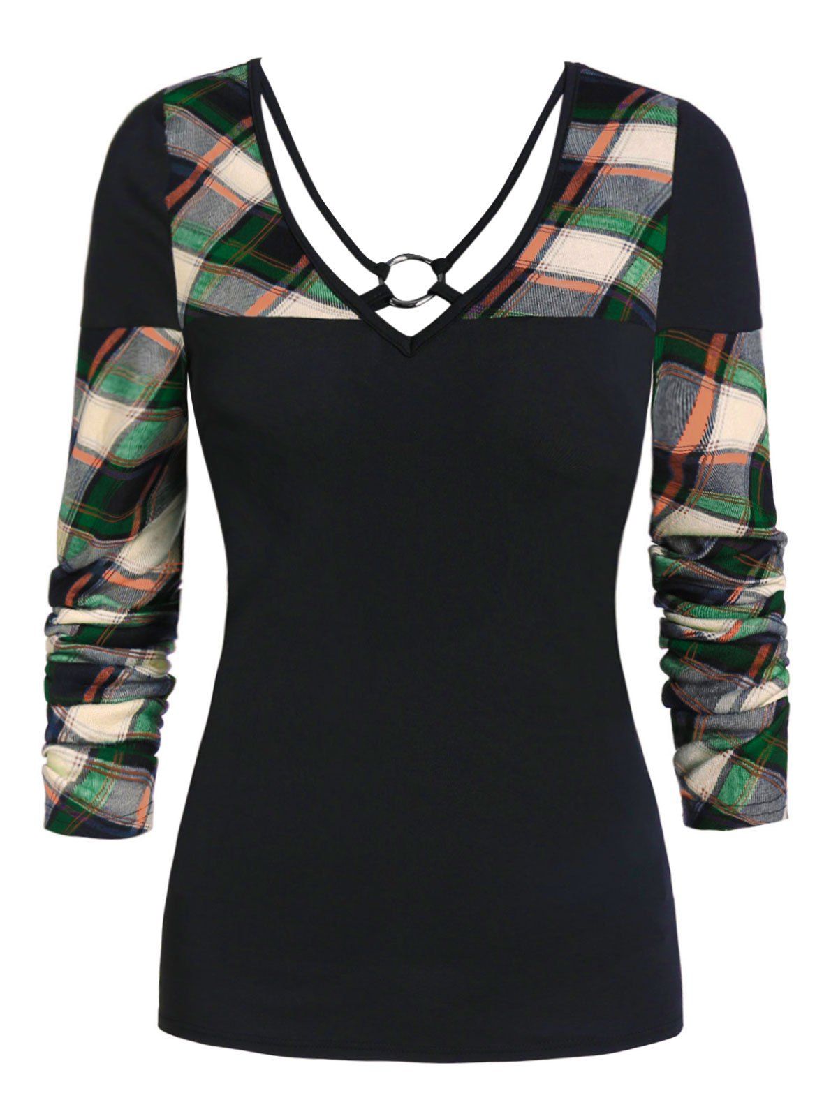 

V Neck Plaid Panel Long Sleeve T Shirt, Sea turtle green