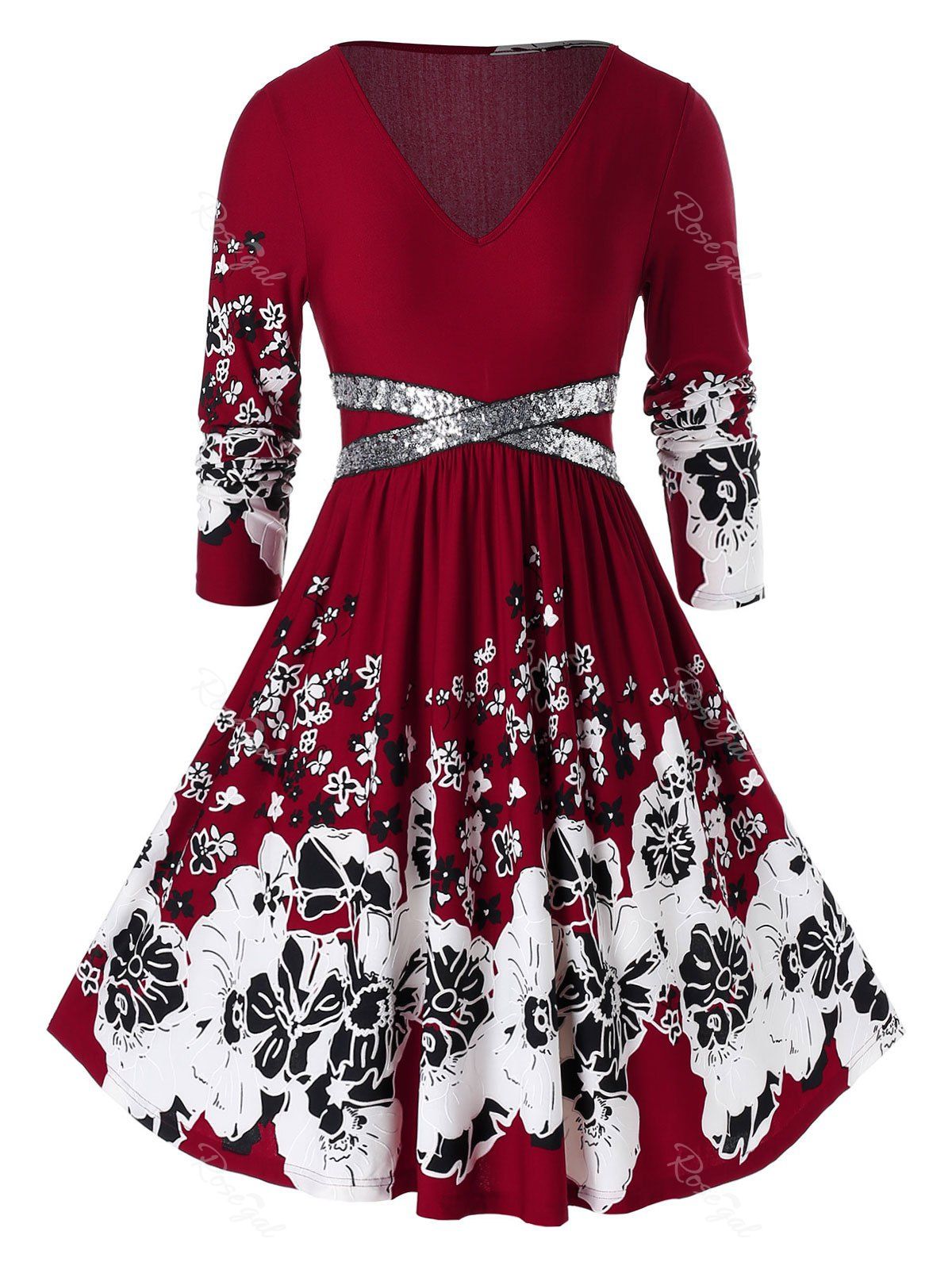 

Plus Size High Waist Ditsy Print A Line Dress, Red wine
