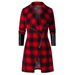 

Plus Size Plaid Asymmetric Zip Faux Leather Panel Tunic Coat, Red