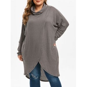 

Plus Size Cowl Neck High Low Long Tulip Knitwear, Gray