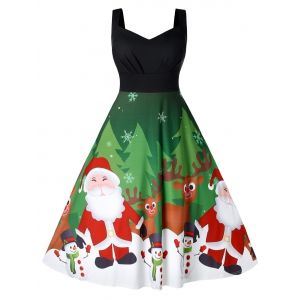 

Plus Size High Waist Christmas A Line Printed Dress, Multi