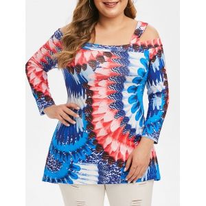 

Plus Size Open Shoulder Colorful Feather Print T Shirt, Multi a