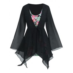 

Plus Size Handkerchief Sheer Blouse And Floral Top Set, Black