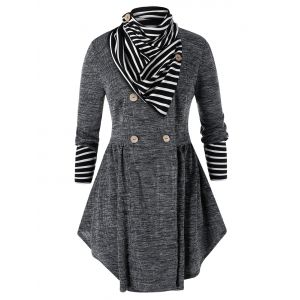 

Plus Size Space Dye Skirted Cardigan With Striped Scarf, Black