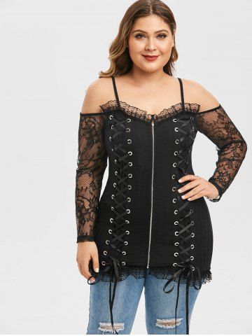 

Plus Size Halloween Lace Up Front Zip Gothic Top, Black