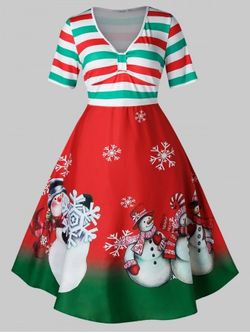 Plus Size Christmas Vintage Stripe Snowman Print Party Dress - RED - 4X