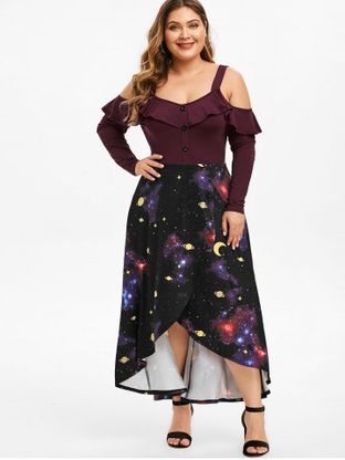 Plus Size Ruffled 3D Galaxy High Low Maxi Tulip Dress
