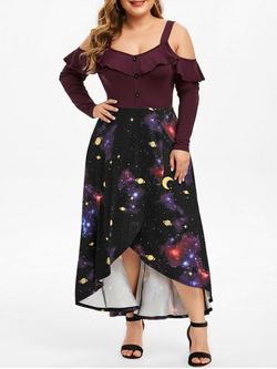 Plus Size Ruffled 3D Galaxy High Low Maxi Tulip Dress - PURPLE IRIS - 1X