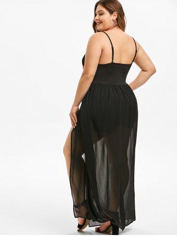 

Plus Size Embroidered Maxi Overlay Romper, Black