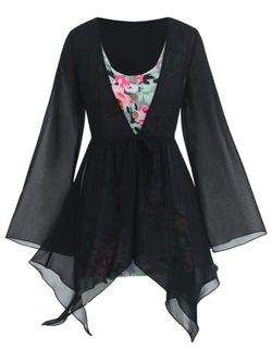 Plus Size Handkerchief Sheer Blouse And Floral Top Set - BLACK - L