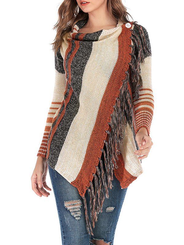 

Tassels Striped Cowl Neck Asymmetric Cardigan, Multi
