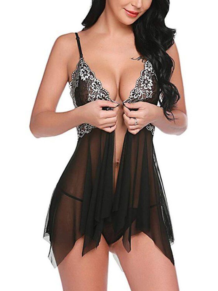 

Lace Panel Mesh Handkerchief Babydoll with G-string, Black