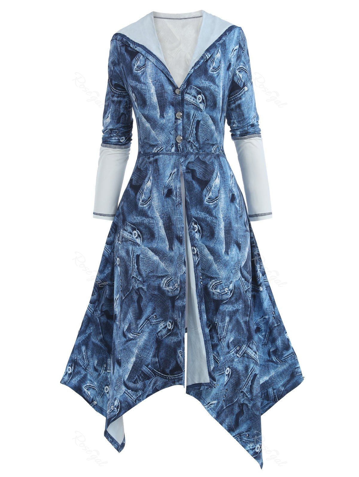 

Plus Size Hooded Denim Print Handkerchief Skirted Coat, Slate blue
