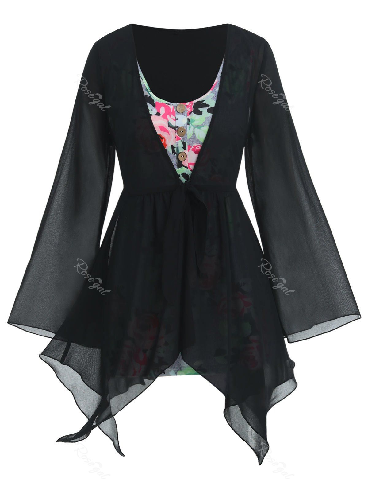 Online Plus Size Handkerchief Sheer Blouse And Floral Top Set  