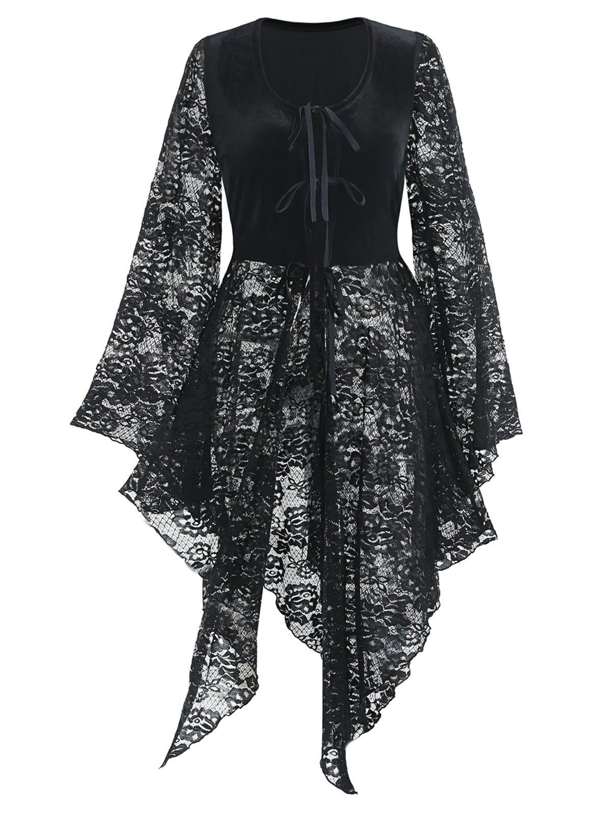 Plus Size Handkerchief Front Tie Bell Sleeve Lace Peplum Top, Black