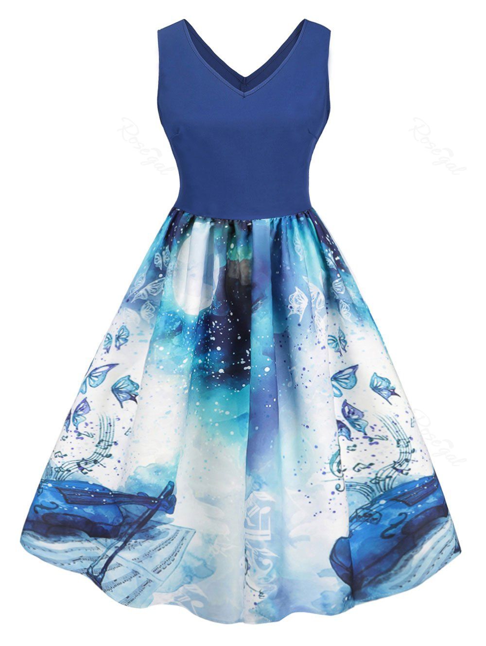 

Plus Size Vintage Butterfly Musical Notes Print Swing Dress, Ocean blue