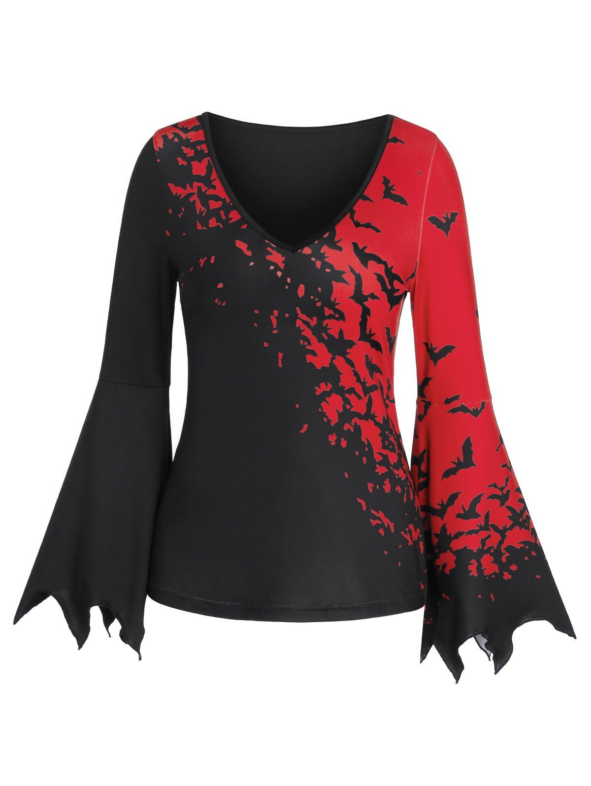 

Bat Print Plunge Long Sleeve T Shirt, Black