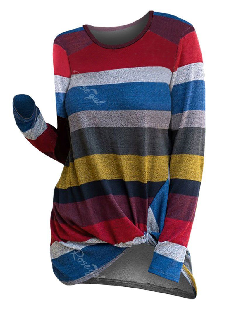 

Plus Size Colorblock Stripe Front Knot Top, Red wine